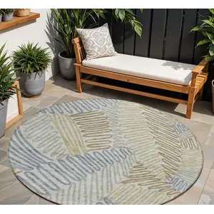 Photo of 8' Taupe Gray And Beige Round Floral Washable Indoor Outdoor Area Rug