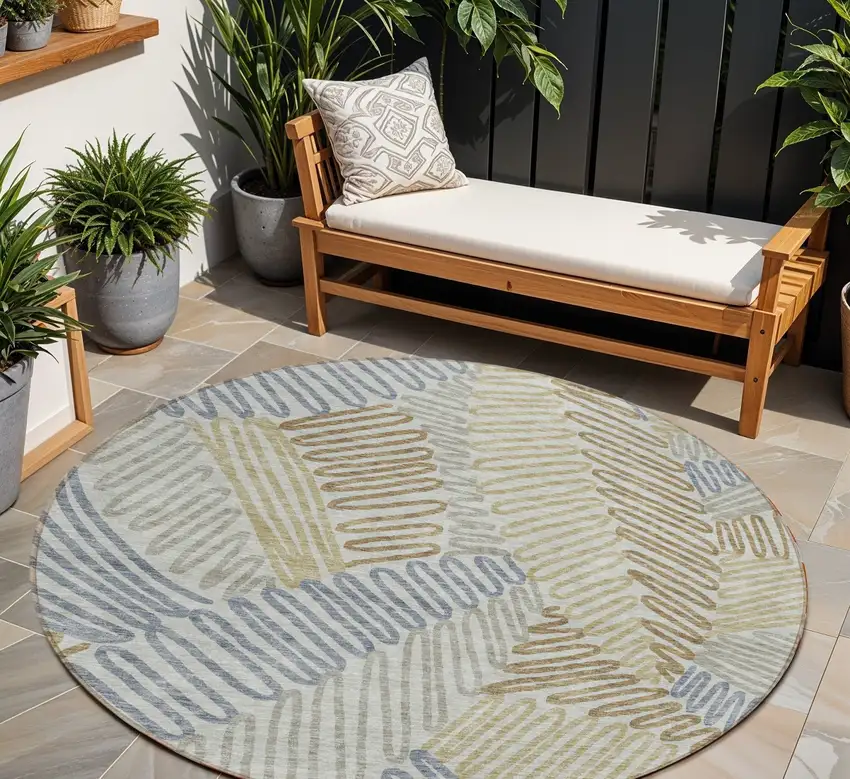 8' Taupe Gray And Beige Round Floral Washable Indoor Outdoor Area Rug Photo 1