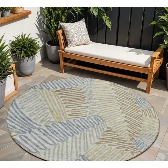 8' Taupe Gray And Beige Round Floral Washable Indoor Outdoor Area Rug Photo 1