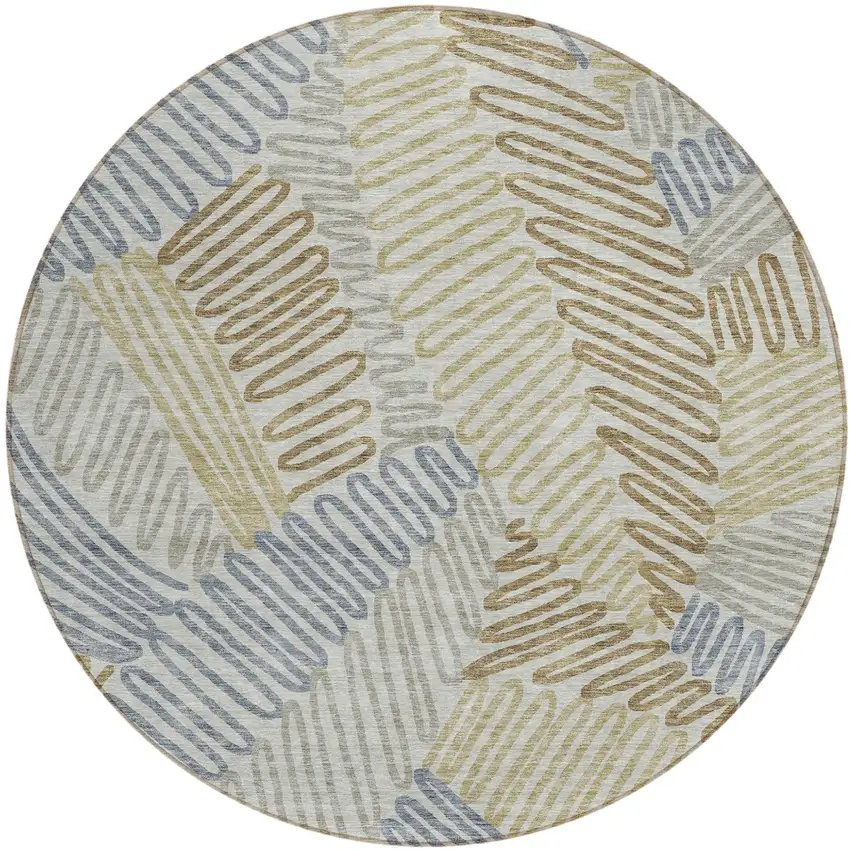 8' Taupe Gray And Beige Round Floral Washable Indoor Outdoor Area Rug Photo 2