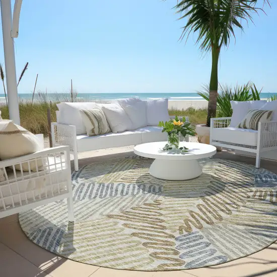 8' Taupe Gray And Beige Round Floral Washable Indoor Outdoor Area Rug Photo 6