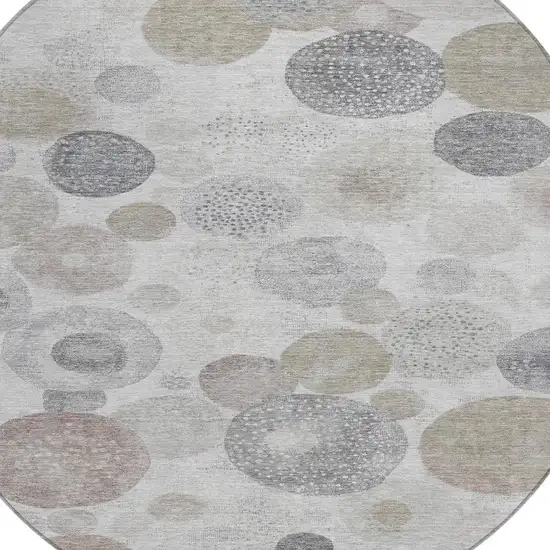 8' Taupe Gray And Beige Round Geometric Washable Indoor Outdoor Area Rug Photo 4