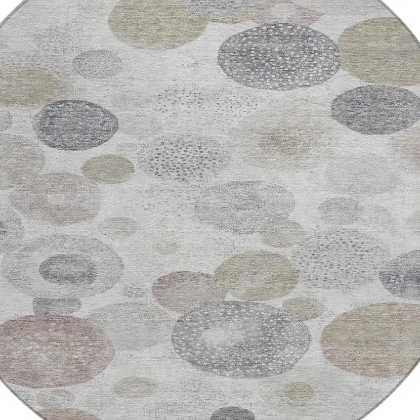 8' Taupe Gray And Beige Round Geometric Washable Indoor Outdoor Area Rug Photo 4