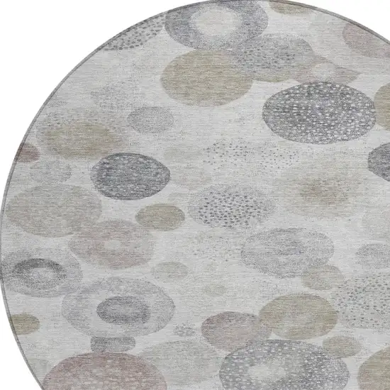 8' Taupe Gray And Beige Round Geometric Washable Indoor Outdoor Area Rug Photo 8