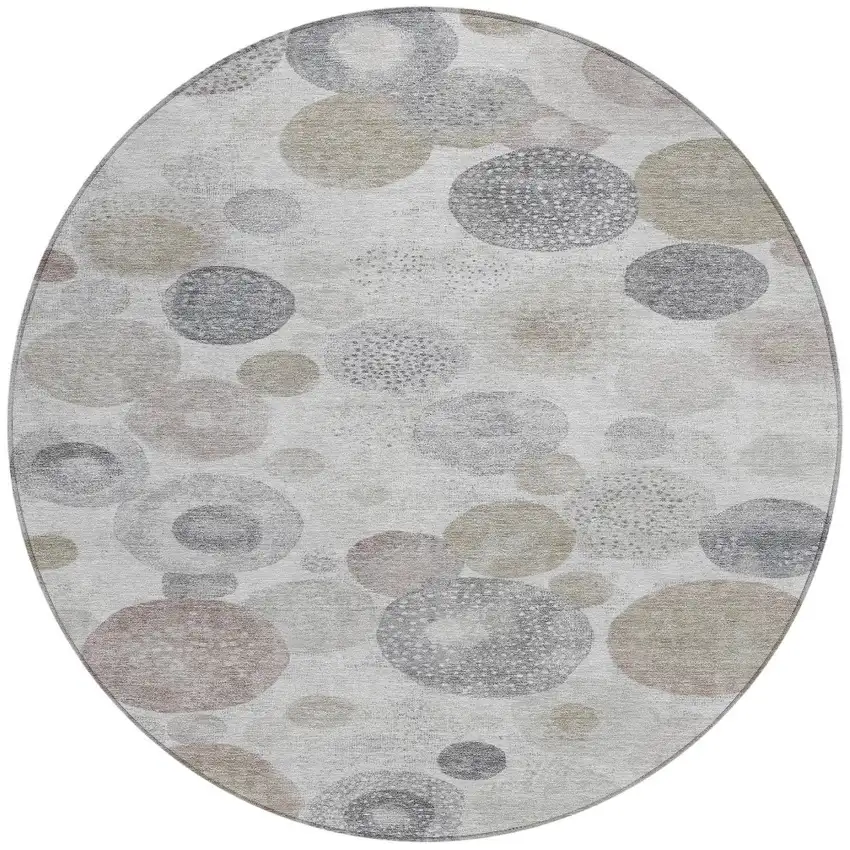 8' Taupe Gray And Beige Round Geometric Washable Indoor Outdoor Area Rug Photo 3