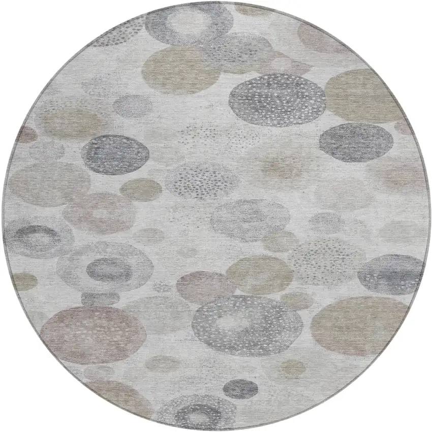 8' Taupe Gray And Beige Round Geometric Washable Indoor Outdoor Area Rug Photo 1