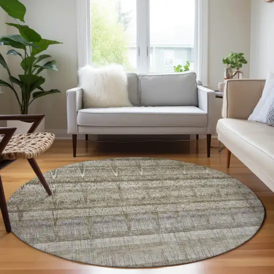8' Taupe Gray And Beige Round Striped Washable Indoor Outdoor Area Rug Photo 6