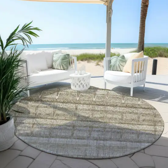 8' Taupe Gray And Beige Round Striped Washable Indoor Outdoor Area Rug Photo 5
