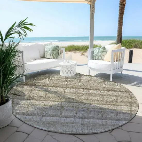 8' Taupe Gray And Beige Round Striped Washable Indoor Outdoor Area Rug Photo 5