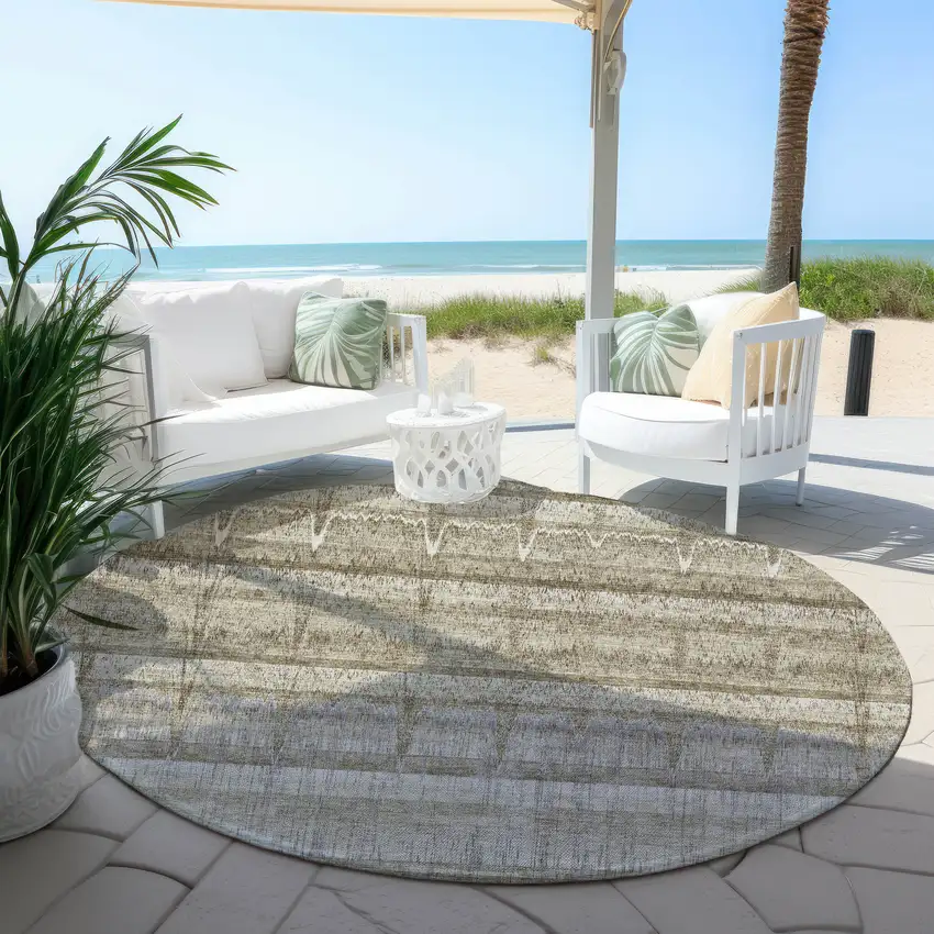 8' Taupe Gray And Beige Round Striped Washable Indoor Outdoor Area Rug Photo 5