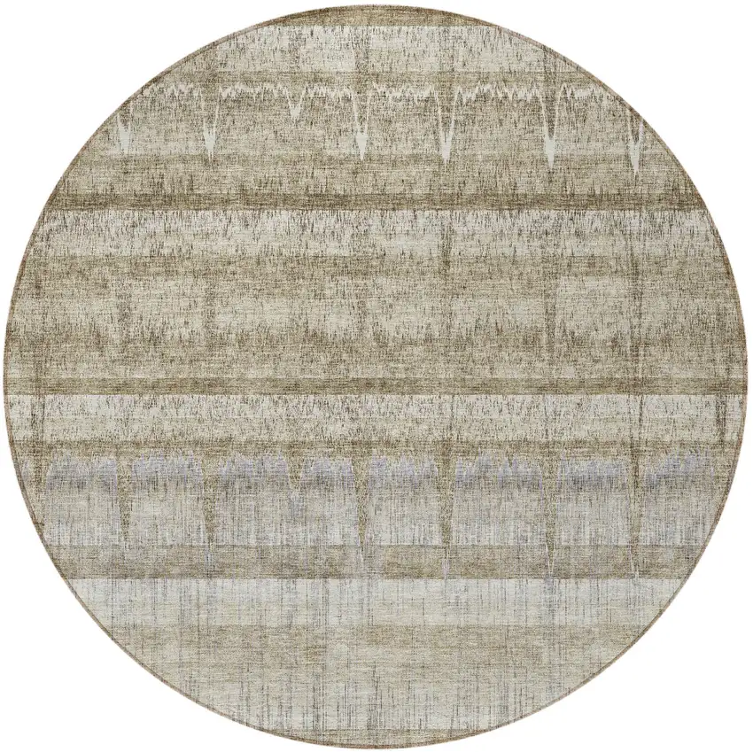 8' Taupe Gray And Beige Round Striped Washable Indoor Outdoor Area Rug Photo 4