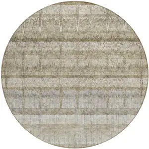 Photo of 8' Taupe Gray And Beige Round Striped Washable Indoor Outdoor Area Rug