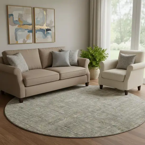 8' Taupe Gray And Beige Southwestern Washable Round Rug With UV Protection Photo 1