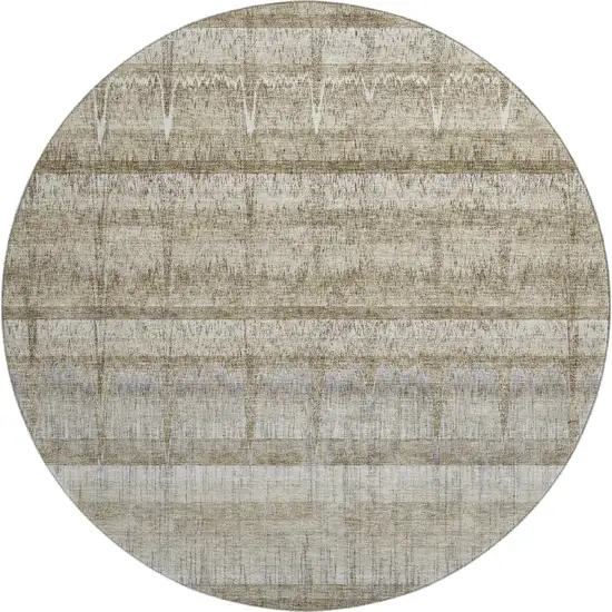 8' Taupe Gray And Beige Striped Washable Round Rug With UV Protection Photo 1