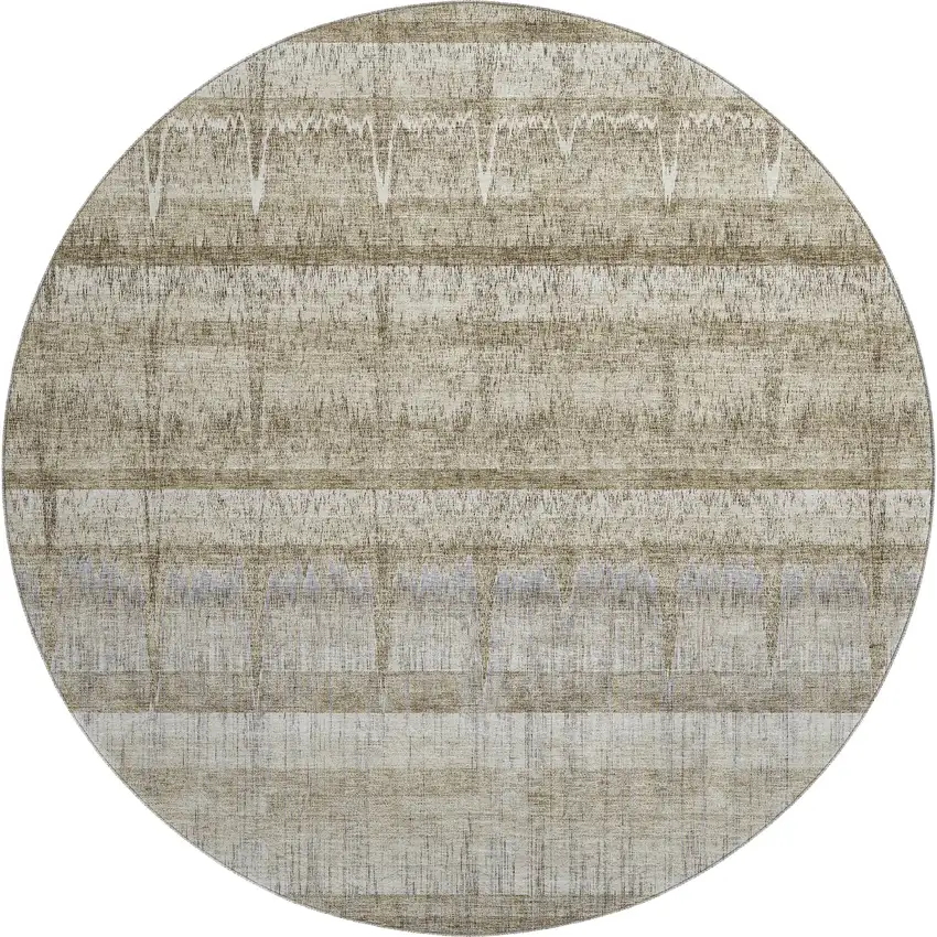 8' Taupe Gray And Beige Striped Washable Round Rug With UV Protection Photo 1