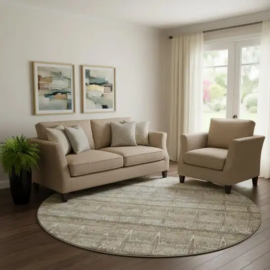 8' Taupe Gray And Beige Striped Washable Round Rug With UV Protection Photo 1