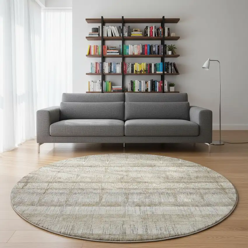 8' Taupe Gray And Beige Striped Washable Round Rug With UV Protection Photo 2