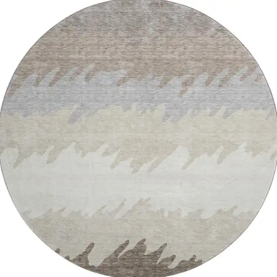 8' Taupe Gray And Beige Striped Washable Round Rug With UV Protection Photo 3
