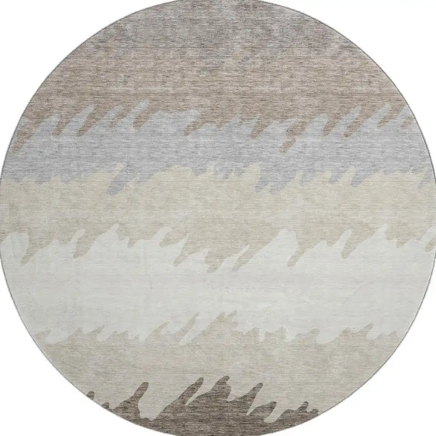 8' Taupe Gray And Beige Striped Washable Round Rug With UV Protection Photo 3