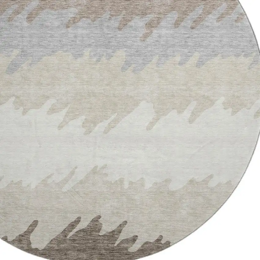 8' Taupe Gray And Beige Striped Washable Round Rug With UV Protection Photo 2