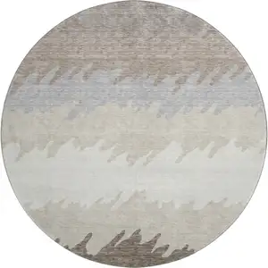 Photo of 8' Taupe Gray And Beige Striped Washable Round Rug With UV Protection