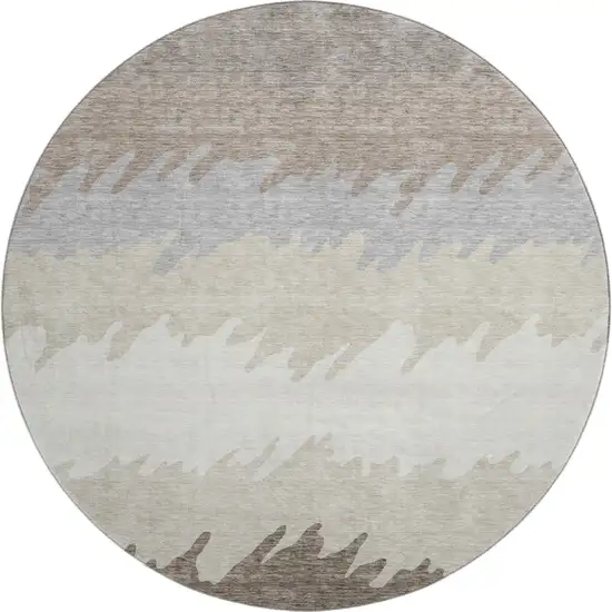 8' Taupe Gray And Beige Striped Washable Round Rug With UV Protection Photo 1