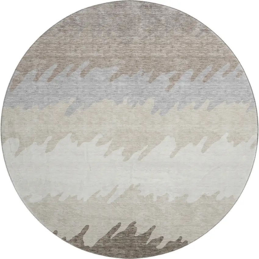 8' Taupe Gray And Beige Striped Washable Round Rug With UV Protection Photo 1
