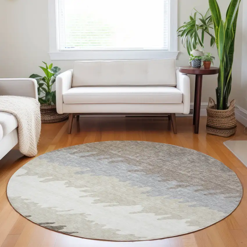 8' Taupe Gray And Beige Striped Washable Round Rug With UV Protection Photo 4