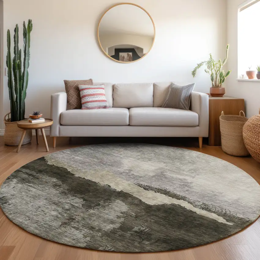 8' Taupe Gray And Black Round Abstract Washable Indoor Outdoor Area Rug Photo 8