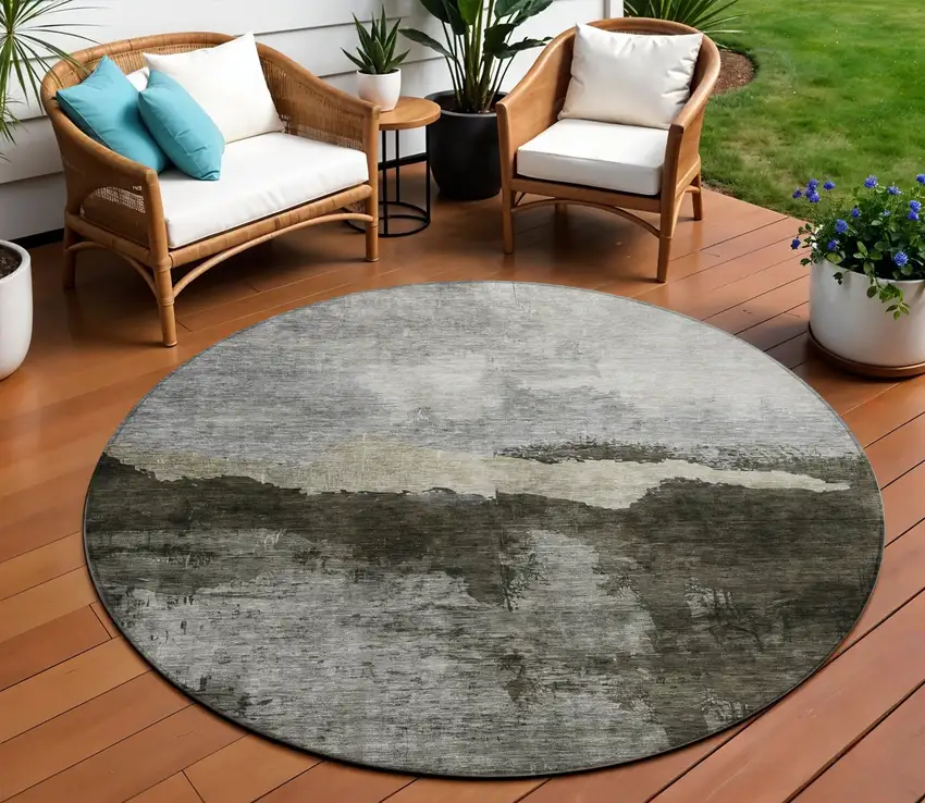 8' Taupe Gray And Black Round Abstract Washable Indoor Outdoor Area Rug Photo 1