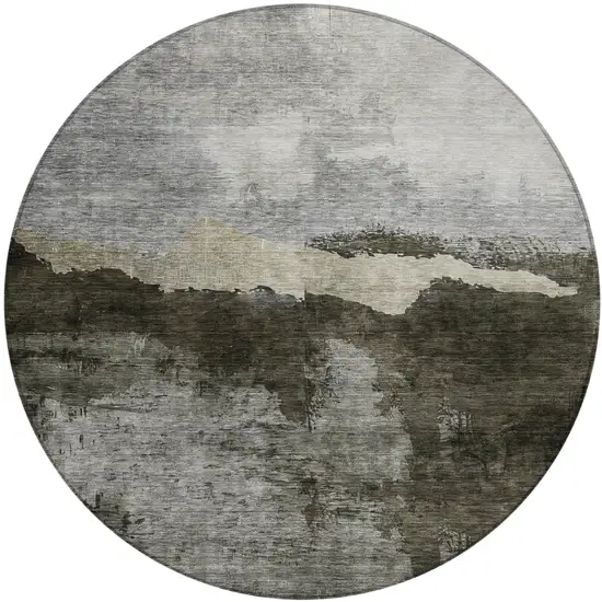 8' Taupe Gray And Black Round Abstract Washable Indoor Outdoor Area Rug Photo 2