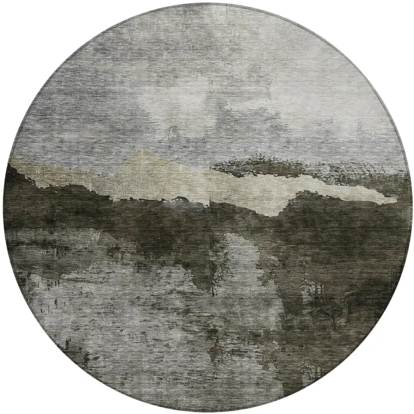 8' Taupe Gray And Black Round Abstract Washable Indoor Outdoor Area Rug Photo 2