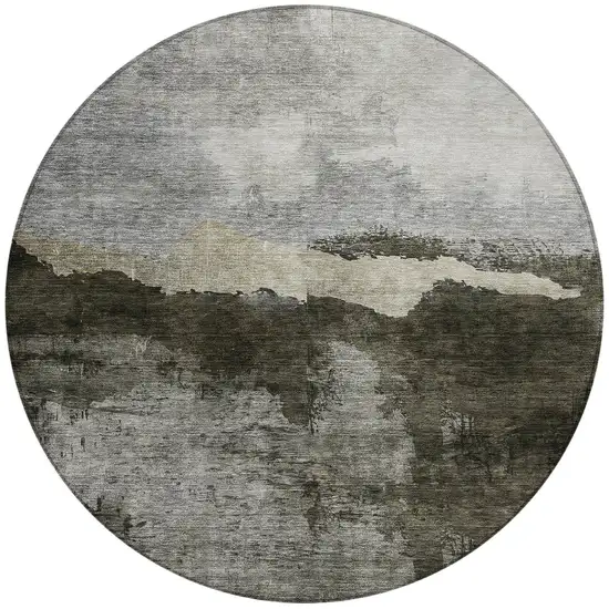 8' Taupe Gray And Black Round Abstract Washable Indoor Outdoor Area Rug Photo 6