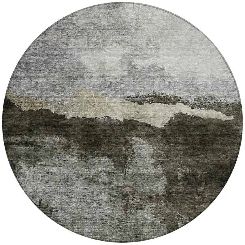 8' Taupe Gray And Black Round Abstract Washable Indoor Outdoor Area Rug Photo 6