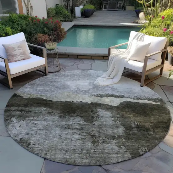 8' Taupe Gray And Black Round Abstract Washable Indoor Outdoor Area Rug Photo 7