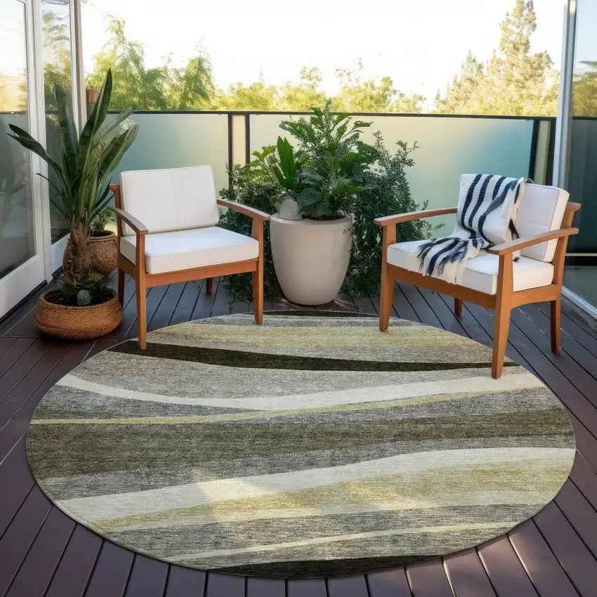 8' Taupe Gray And Black Round Abstract Washable Indoor Outdoor Area Rug Photo 7