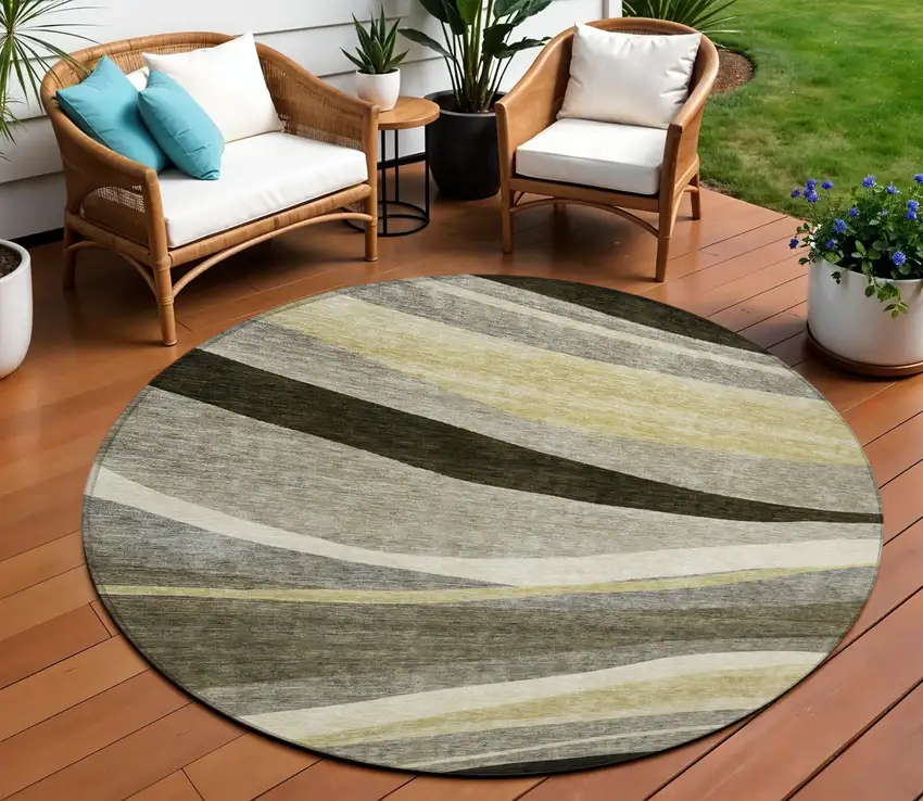 8' Taupe Gray And Black Round Abstract Washable Indoor Outdoor Area Rug Photo 1