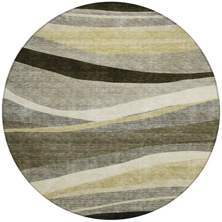 8' Taupe Gray And Black Round Abstract Washable Indoor Outdoor Area Rug Photo 6