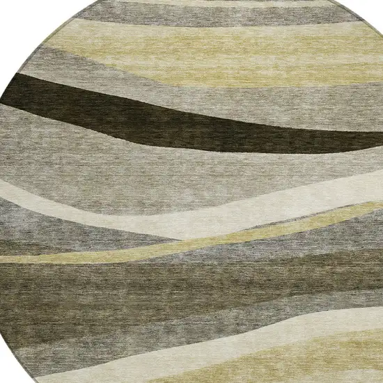 8' Taupe Gray And Black Round Abstract Washable Indoor Outdoor Area Rug Photo 5