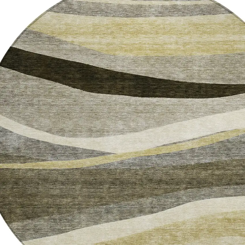 8' Taupe Gray And Black Round Abstract Washable Indoor Outdoor Area Rug Photo 5