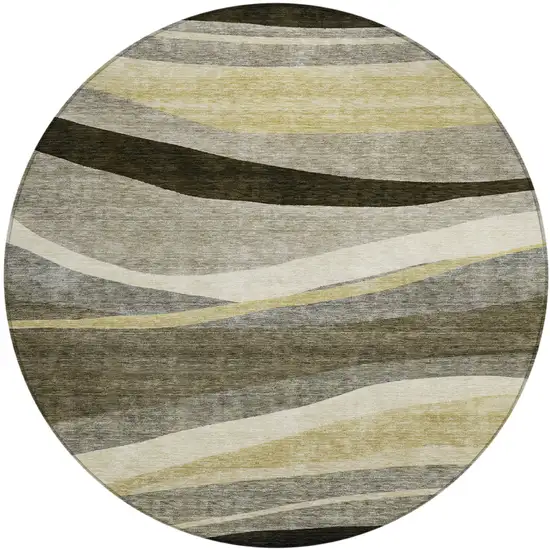 8' Taupe Gray And Black Round Abstract Washable Indoor Outdoor Area Rug Photo 2