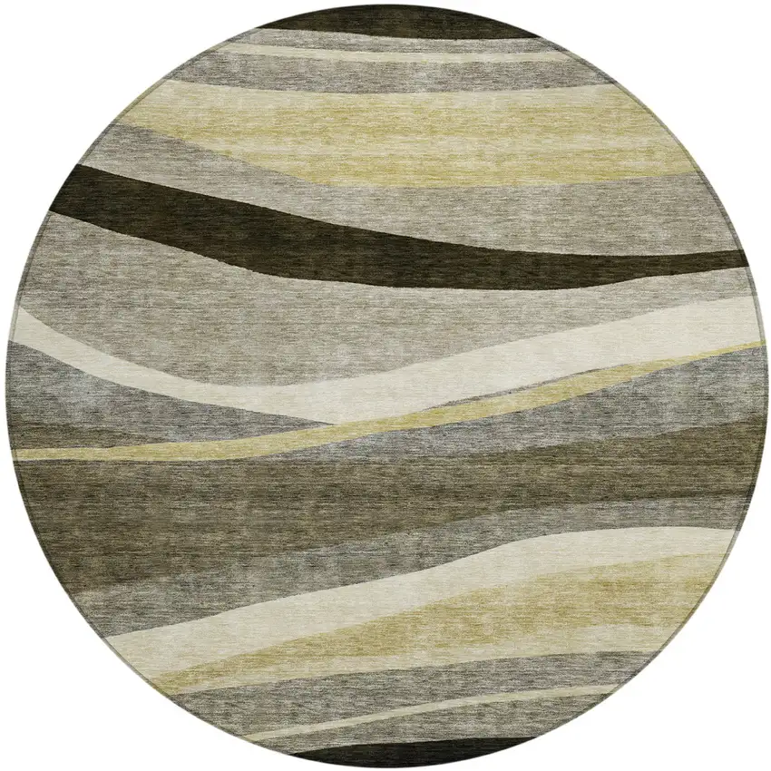 8' Taupe Gray And Black Round Abstract Washable Indoor Outdoor Area Rug Photo 2