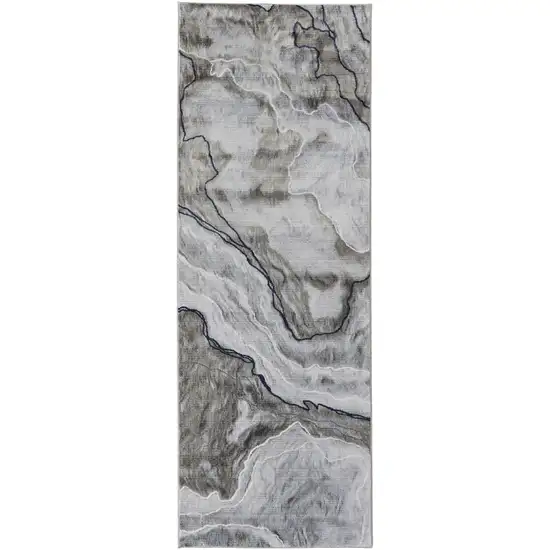 8' Taupe Gray And Blue Abstract Power Loom Stain Resistant Runner Rug Photo 2