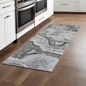 Photo of 8' Taupe Gray And Blue Abstract Power Loom Stain Resistant Runner Rug