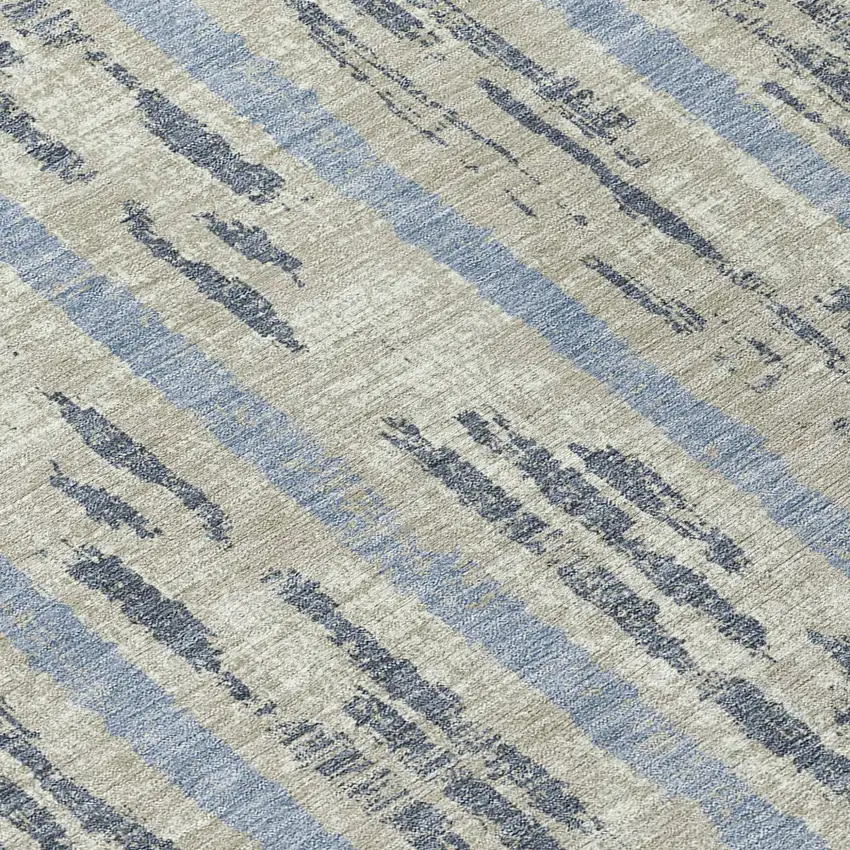 8' Taupe Gray And Blue Round Striped Washable Indoor Outdoor Area Rug Photo 8