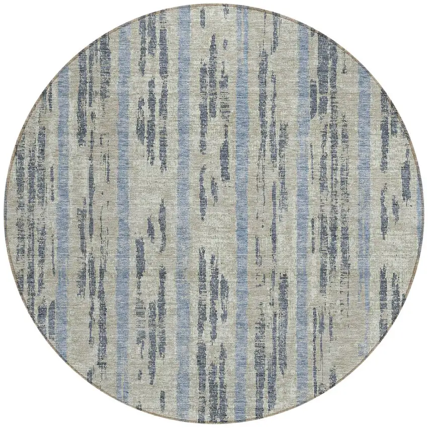 8' Taupe Gray And Blue Round Striped Washable Indoor Outdoor Area Rug Photo 5
