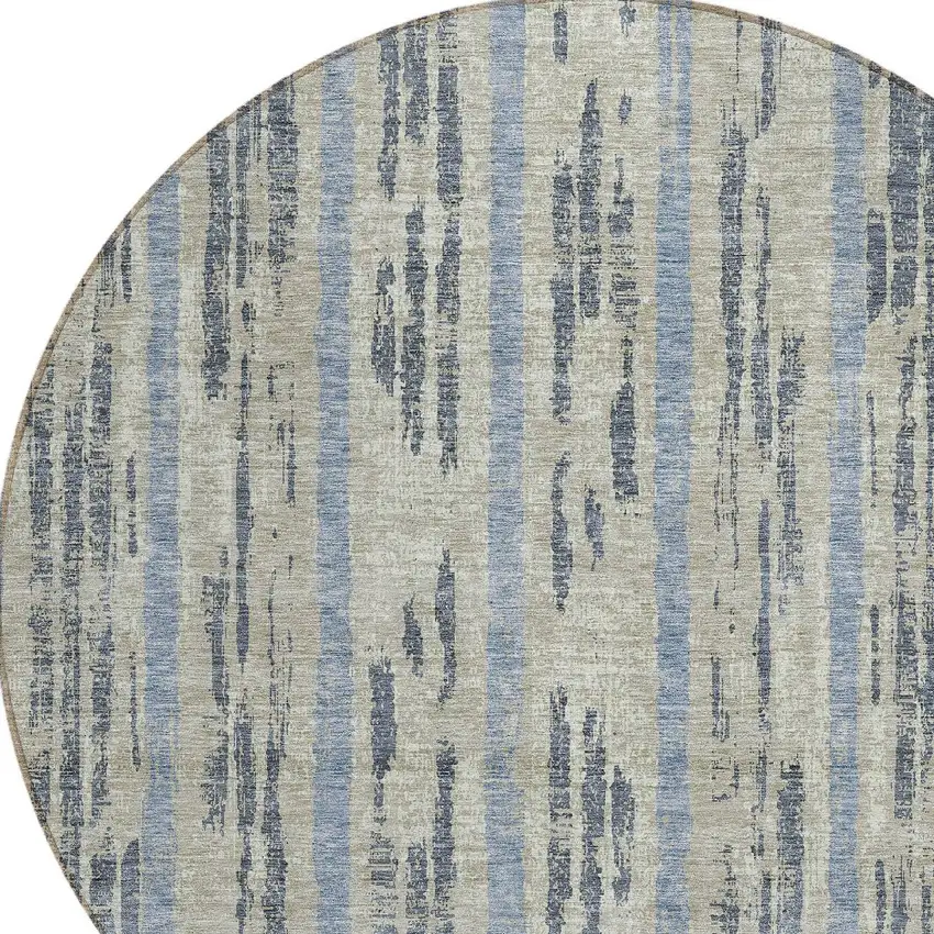 8' Taupe Gray And Blue Round Striped Washable Indoor Outdoor Area Rug Photo 4