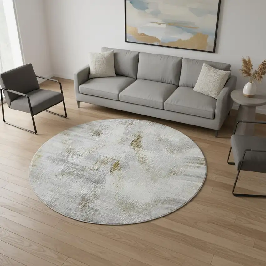 8' Taupe Gray And Brown Abstract Washable Round Rug With UV Protection Photo 2