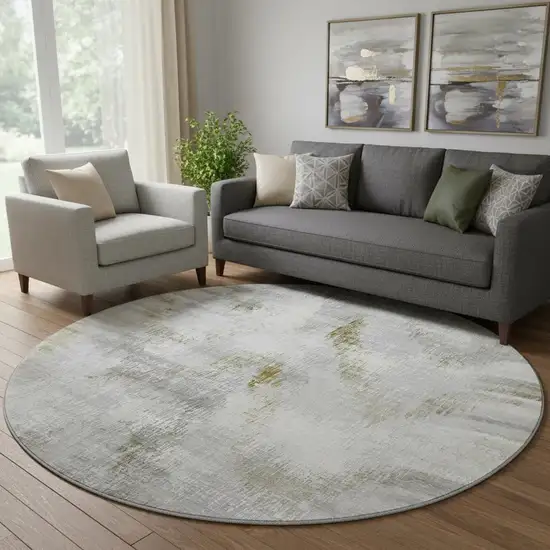 8' Taupe Gray And Brown Abstract Washable Round Rug With UV Protection Photo 1