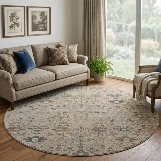 8' Taupe Gray And Brown Oriental Washable Round Rug With UV Protection Photo 1